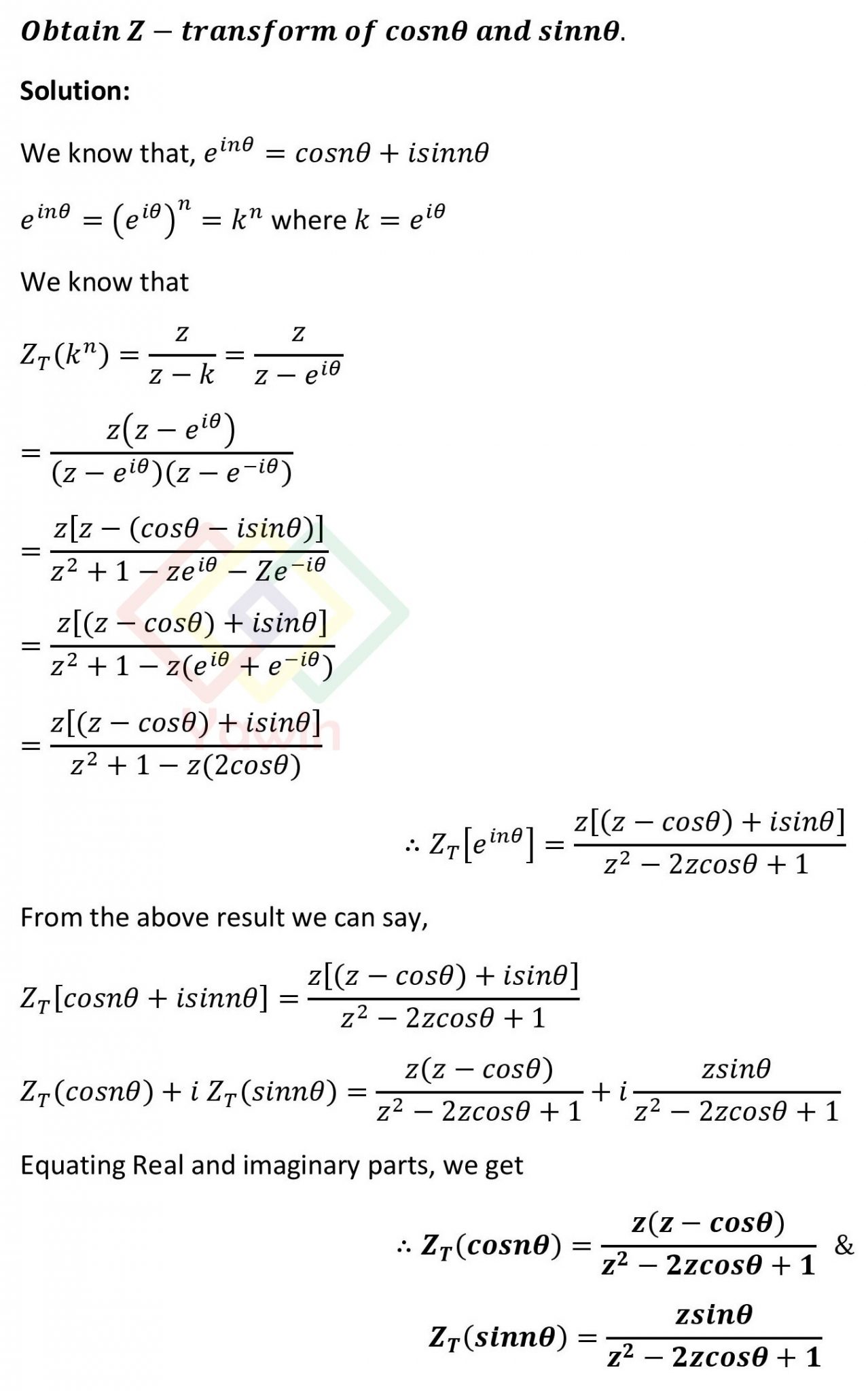 Obtain Z Transform Of Cosn Theta And Sinn Theta Yawin