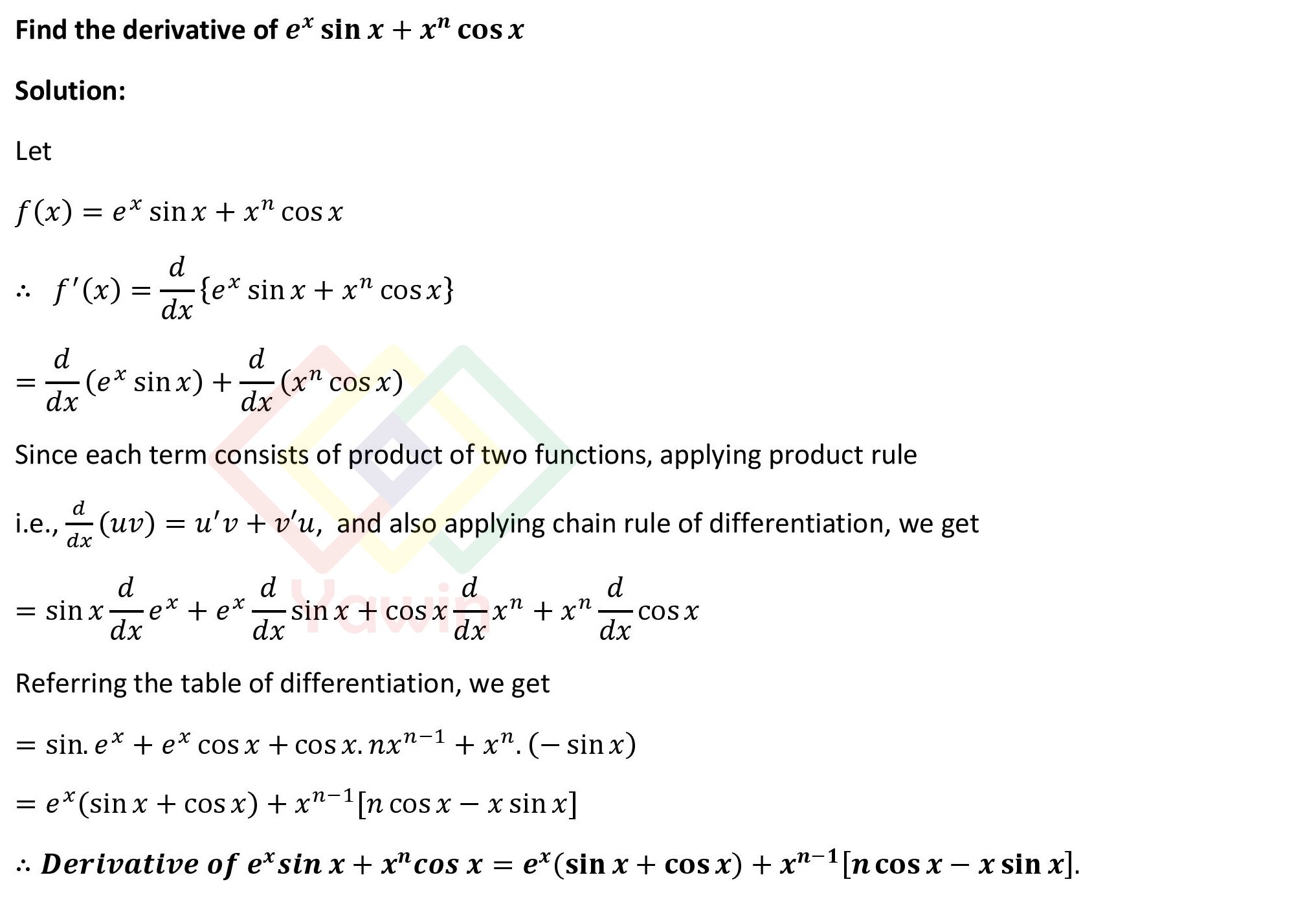 Find The Derivative Of E X Sinx X Ncosx Yawin