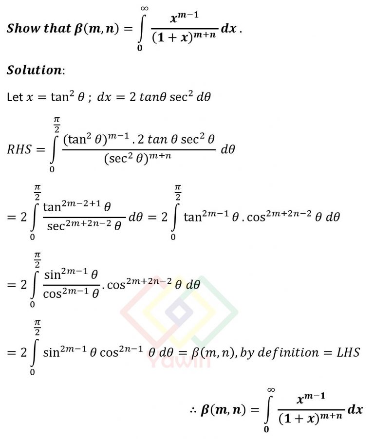 Show that beta(m,n) = integral of (x^(m-1)/(1+x)^(m+n)) dx over the ...