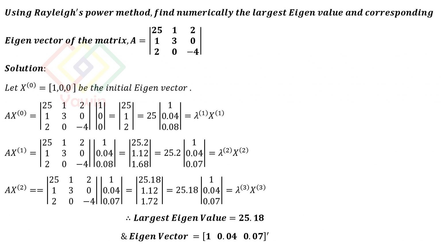 Using Rayleigh S Power Method Find Numerically The Largest Eigen Value And Corresponding Eigen