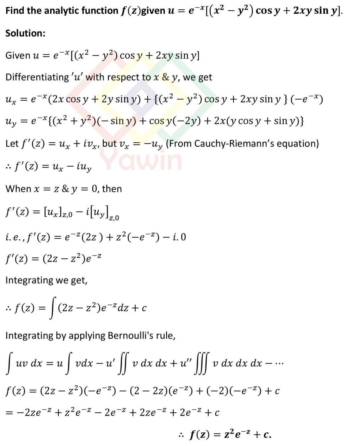 Find The Analytic Function F Z Given Ue X X2 Y2 Cosy2xy Siny Yawin 9643