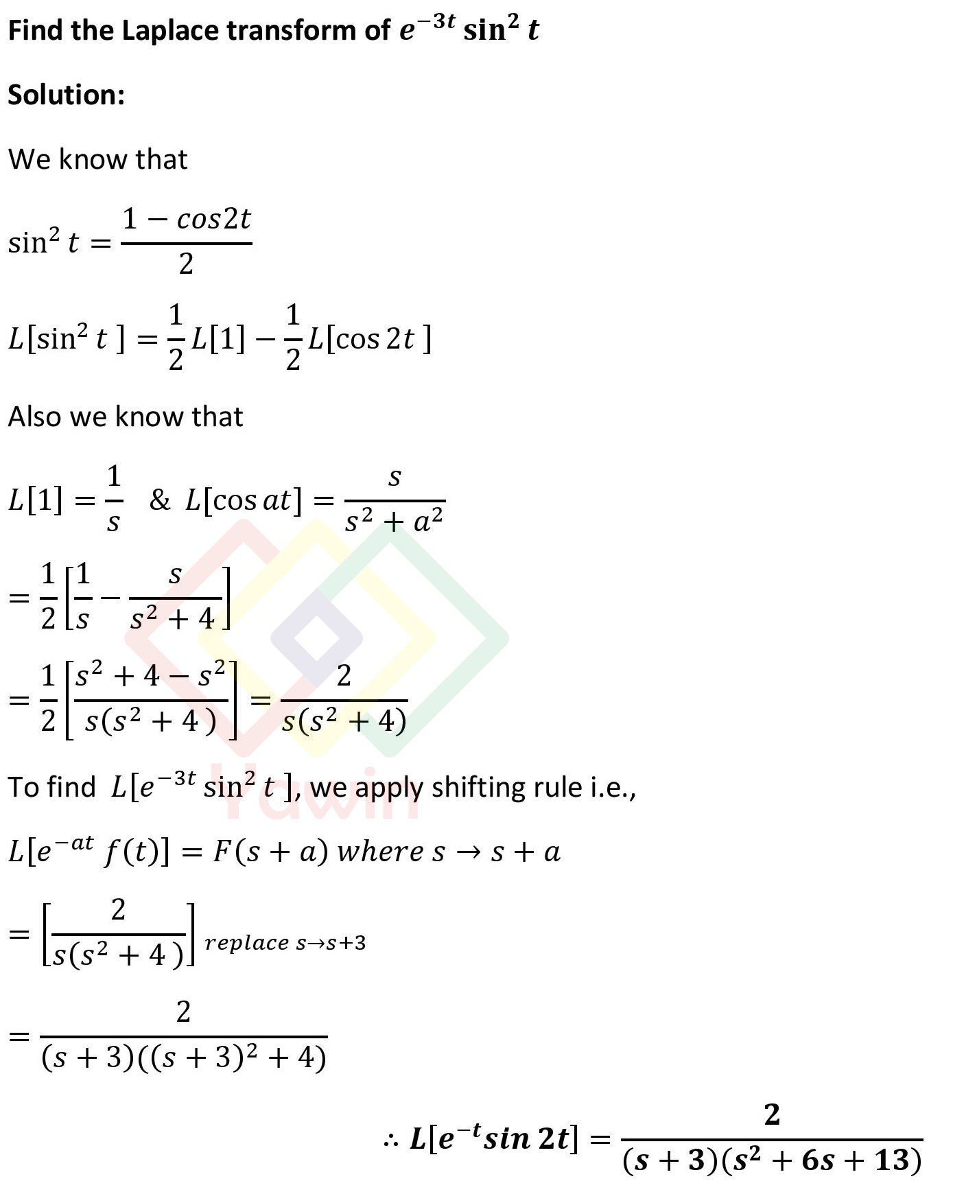 Find the Laplace transform of e^ (-3t) sin^2t – Yawin