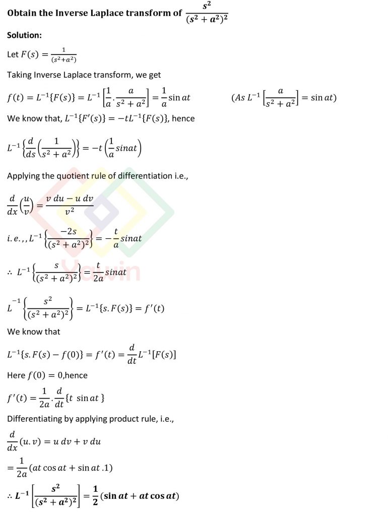 Obtain the Inverse Laplace transform of s^2/(s^2+a^2 )^2 – Yawin