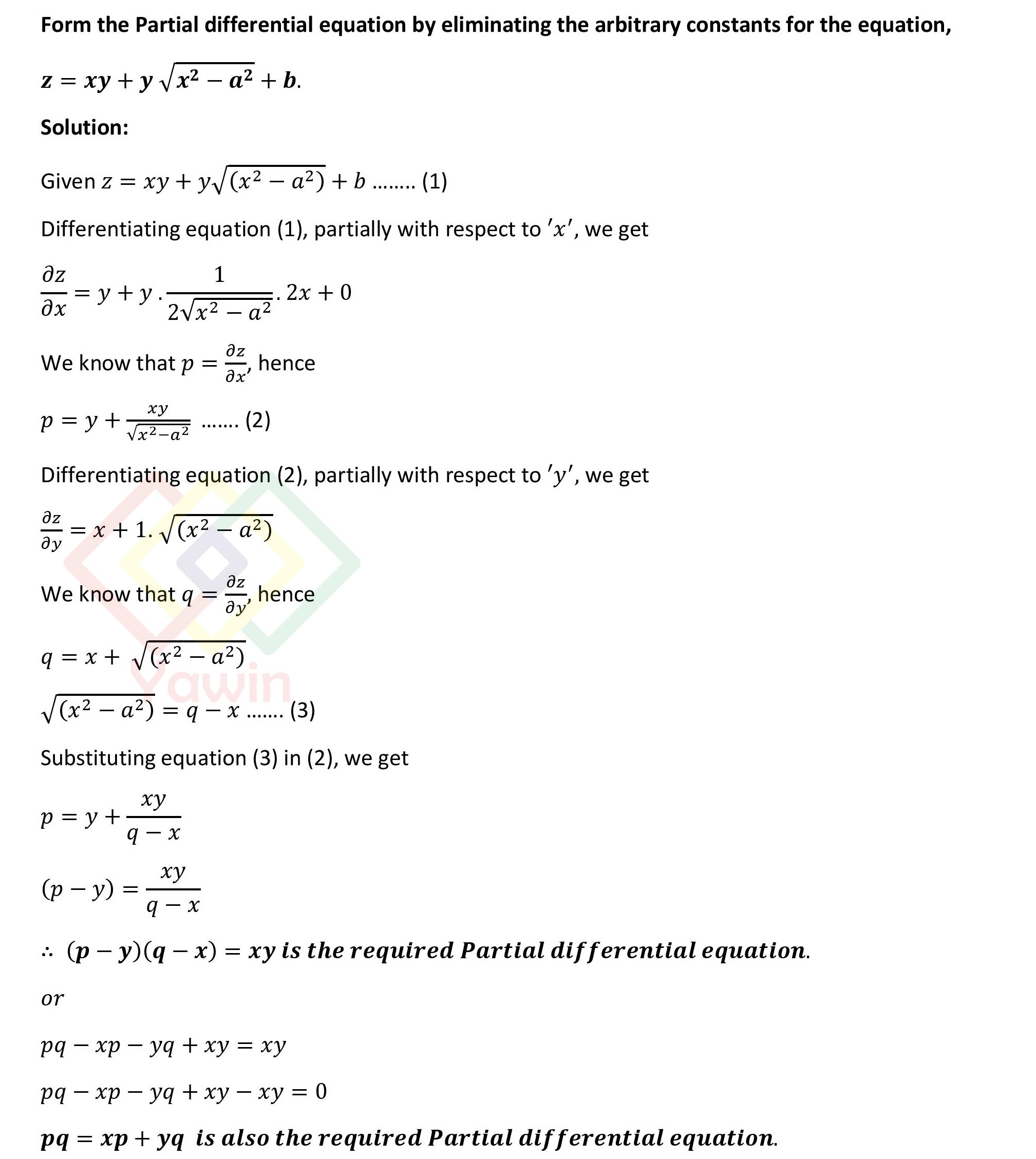 Form The Partial Differential Equation By Eliminating The Arbitrary Constants For The Equation 9800